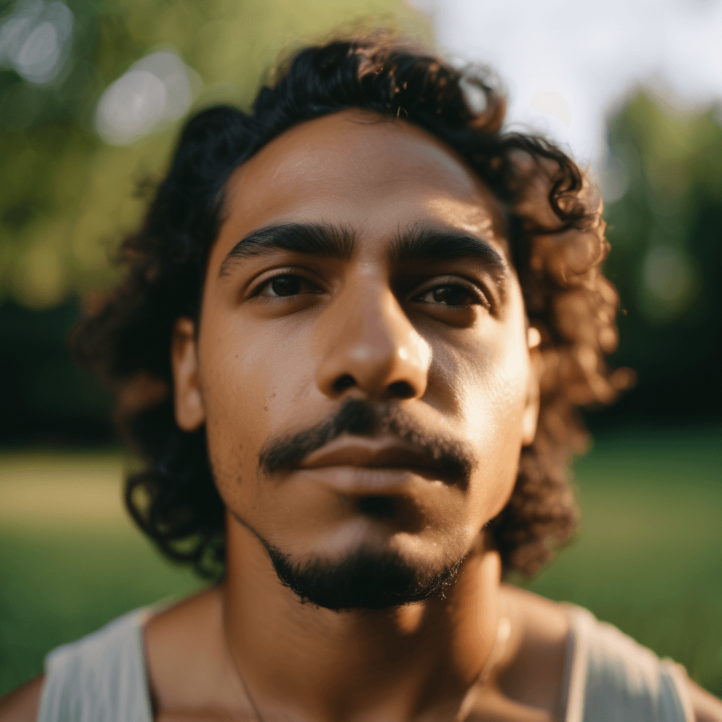 AI generated: An epic close-up shot of a Hispanic/Latino musician in the summer during the daytime, centered, gazi...