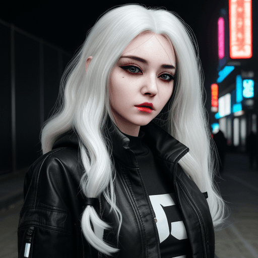 AI generated: A lady with a cute face, and sleepy beautiful eyes, wearing a black jacket, long white hair, cyberpu...