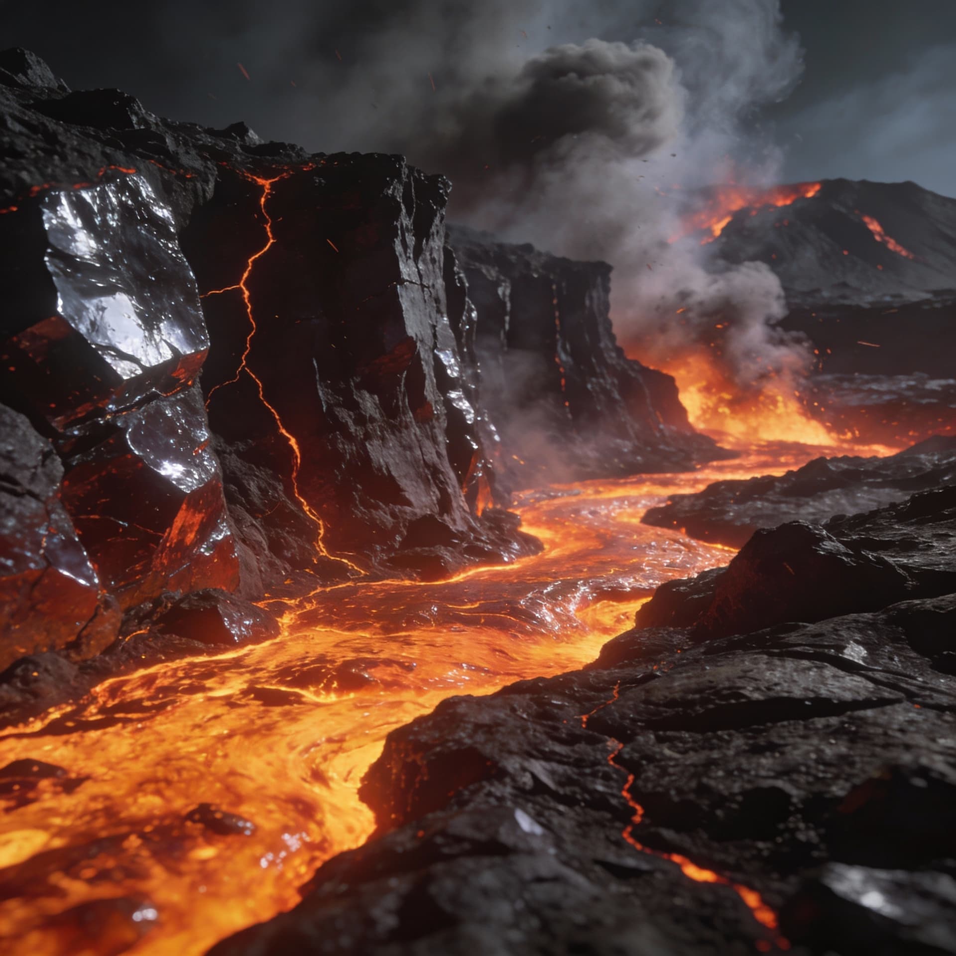 AI generated: volcanoscape, molten terrain, glowing lava rivers, volcanic haze, basalt cliffs, ash storm atmospher...