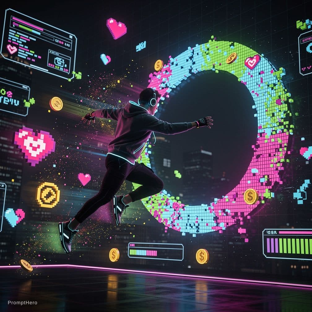 AI generated: A gamer character jumping into a portal made of glowing 
pixels, explosion of colorful game elements...