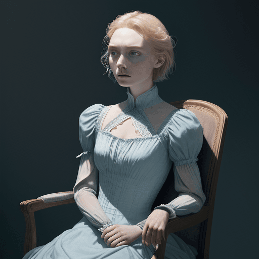 AI generated: a woman sitting in a chair , matt wisniewski style, ruched bodice, inspired by Louise Abbéma, dramat...