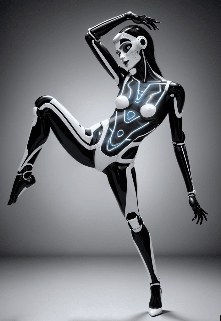 AI generated: half robot women, fine attention to anatomy, black, white, chrome, and florescent fusia, acrobat pos...