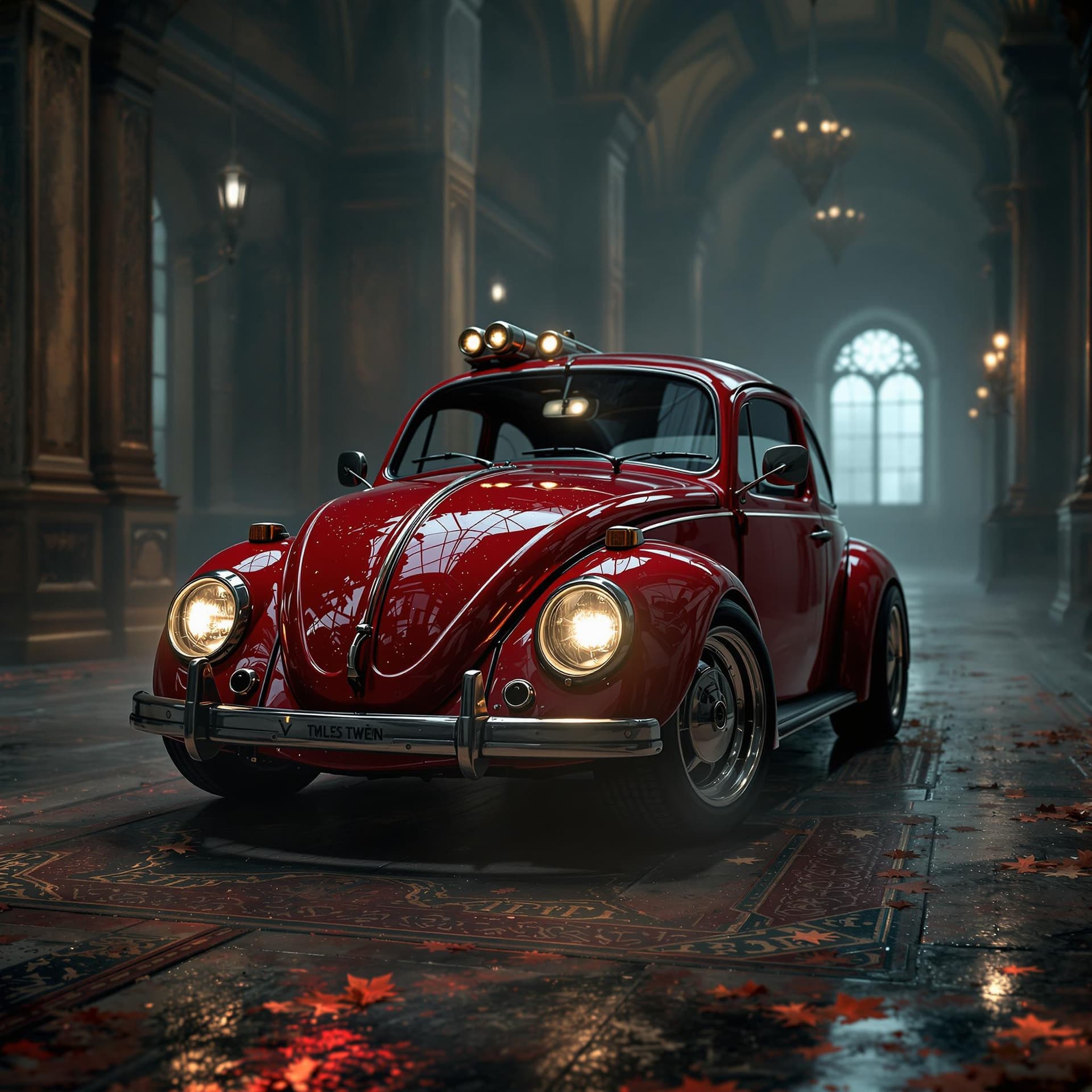 AI generated: General outline of a latest model red volkswagen beetle in steampunk style,  with glowing headlights...
