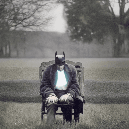 AI generated: Countryside gentleman batman shot by sofia coppola, staring at camera, sitting on a bench::Cinematic...