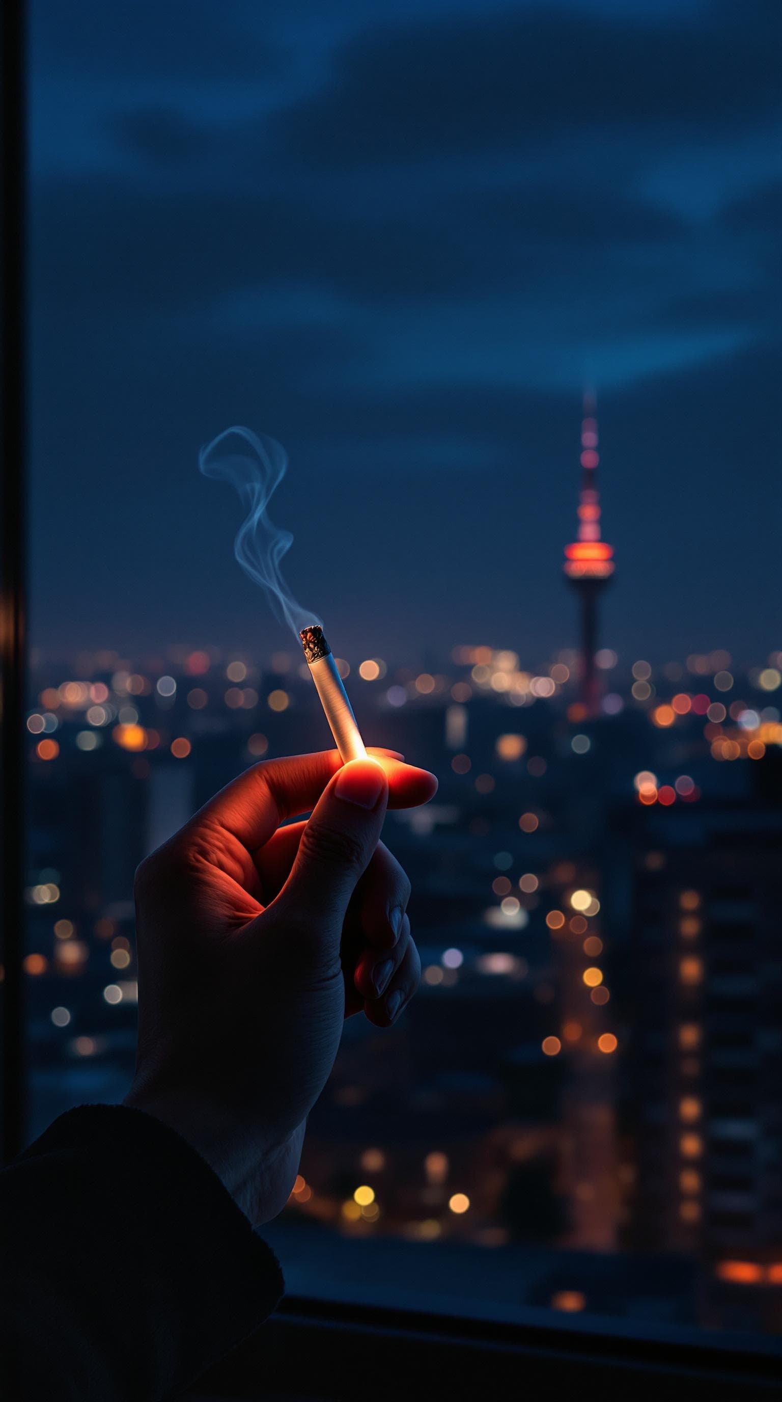 AI generated: pov first-person, i am standing by the open window, smoking a cigarette. only my hand and the cigare...