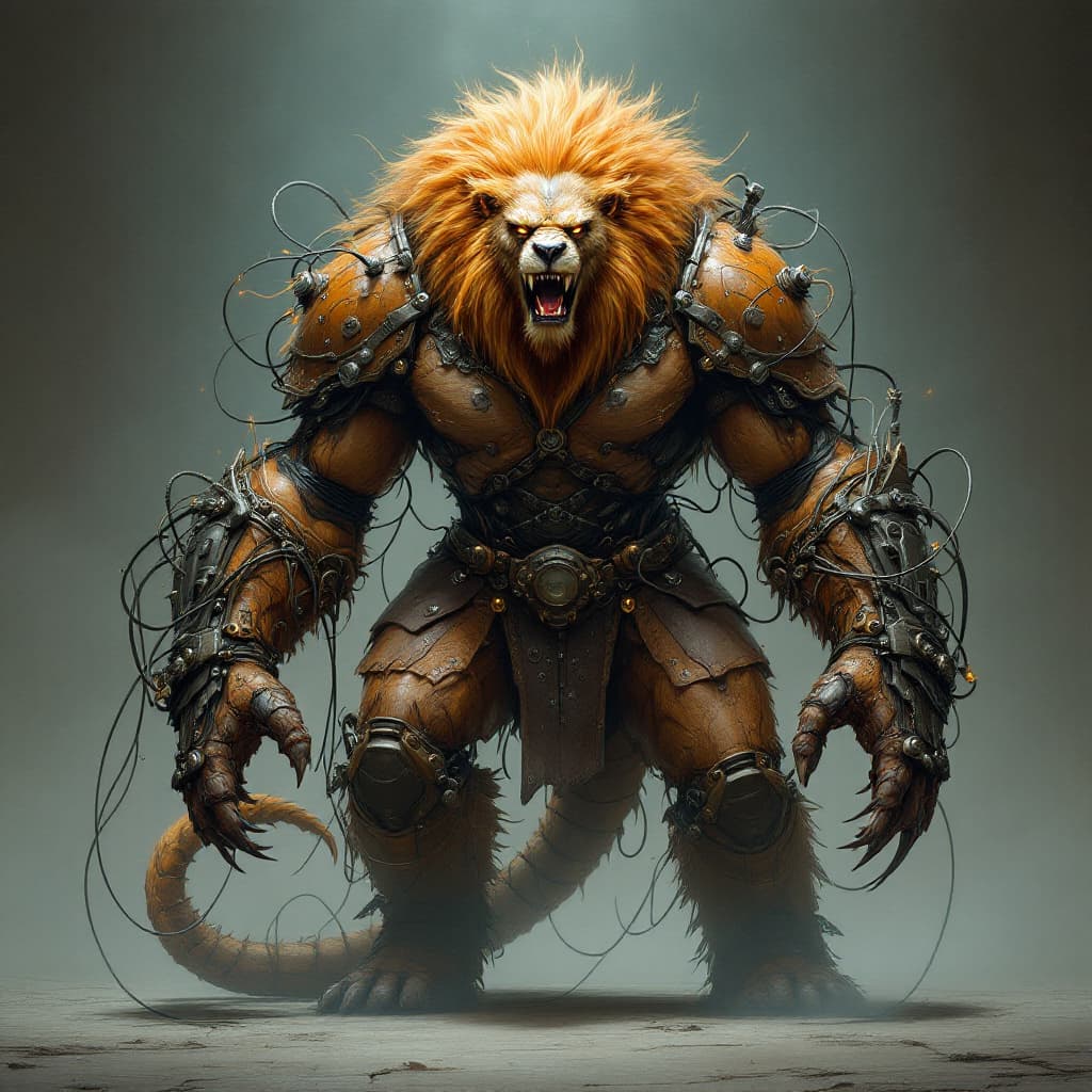 AI generated: A terrifying and intelligent humanoid chimera, a combination of multiple powerful animals. Its body ...