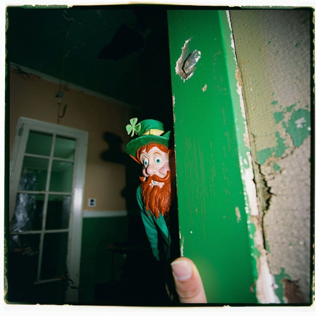 AI generated: grainy 80's photograph quality polaroid of a leprechaun caught in an abandoned house, dark, uncanny,...