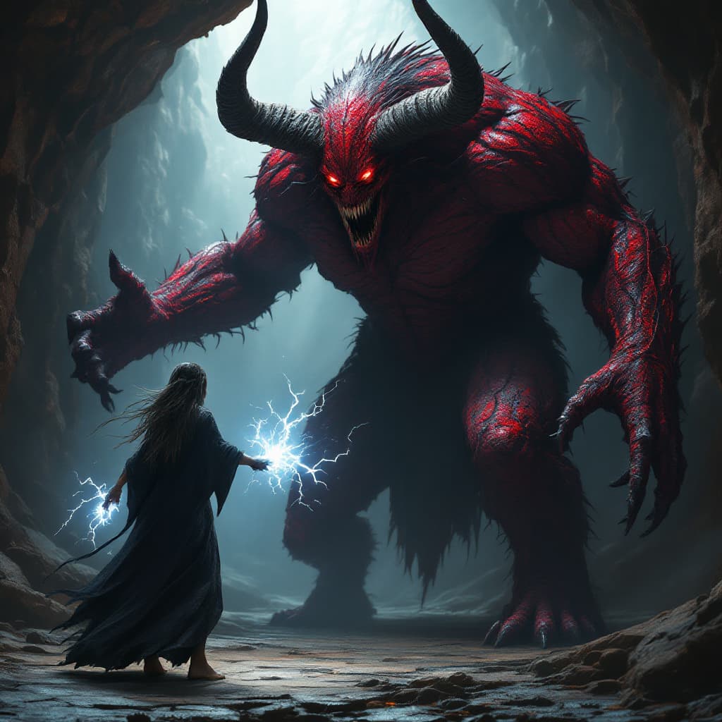 AI generated: A female barefoot wizard facing a massive, horned faceless demon in a dark, ancient dungeon, the wiz...