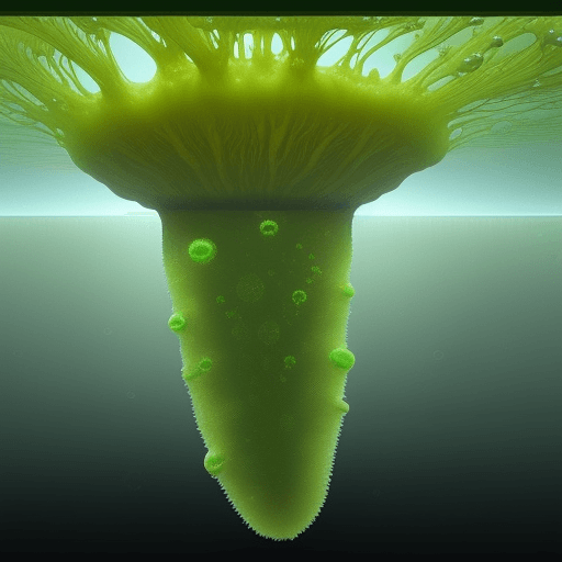 AI generated: strange single-celled organisms, toxic, oxygen-free atmosphere, early land plants, cyanobacteria rel...
