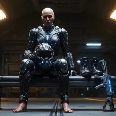 AI generated video: Full-body view of a stunning, photorealistic image of a sci-fi warrior, clad in a sleek, high-tech s...