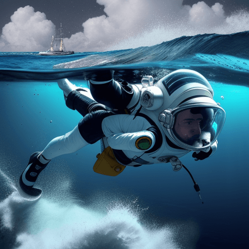 AI generated: pez marino, mar,  con casco lleno de agua de astronauta 

