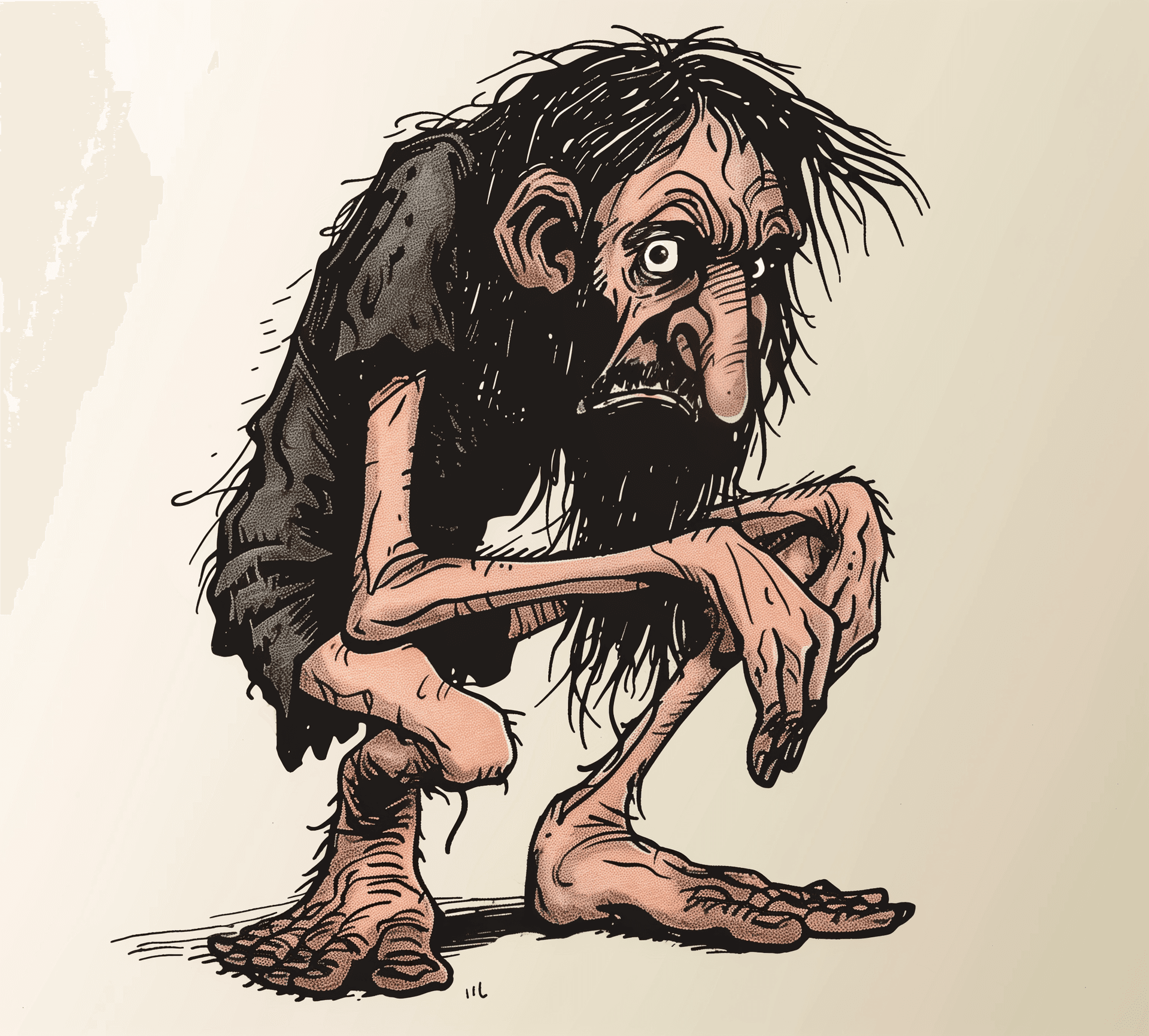 AI generated: A simple cartoon drawing of an ugly man with long hair and stubble, hunched over his hands in despai...