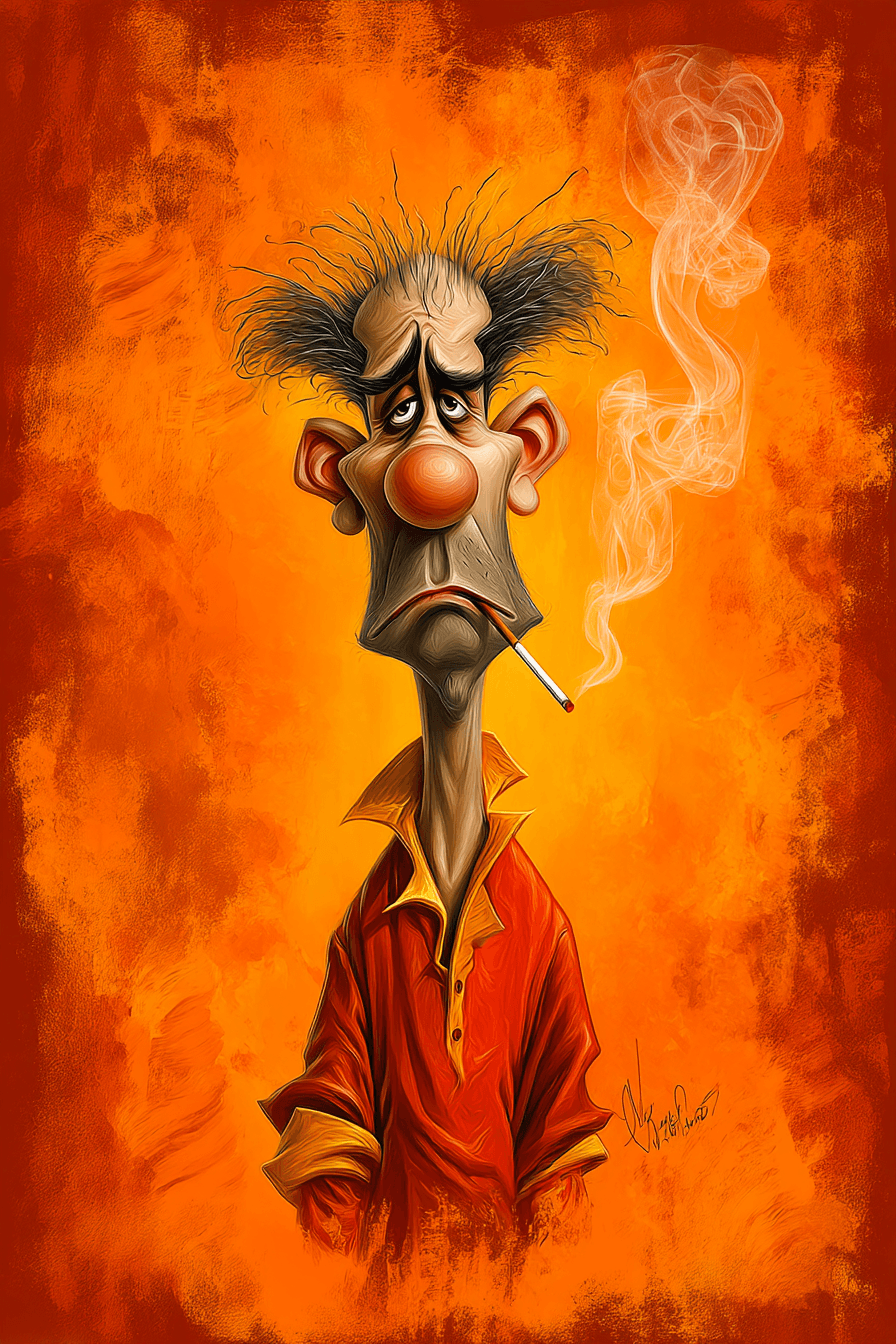 AI generated: funny caricature, disheveled clown character, male, 45 years old, messy, grumpy, tired, exaggerated ...