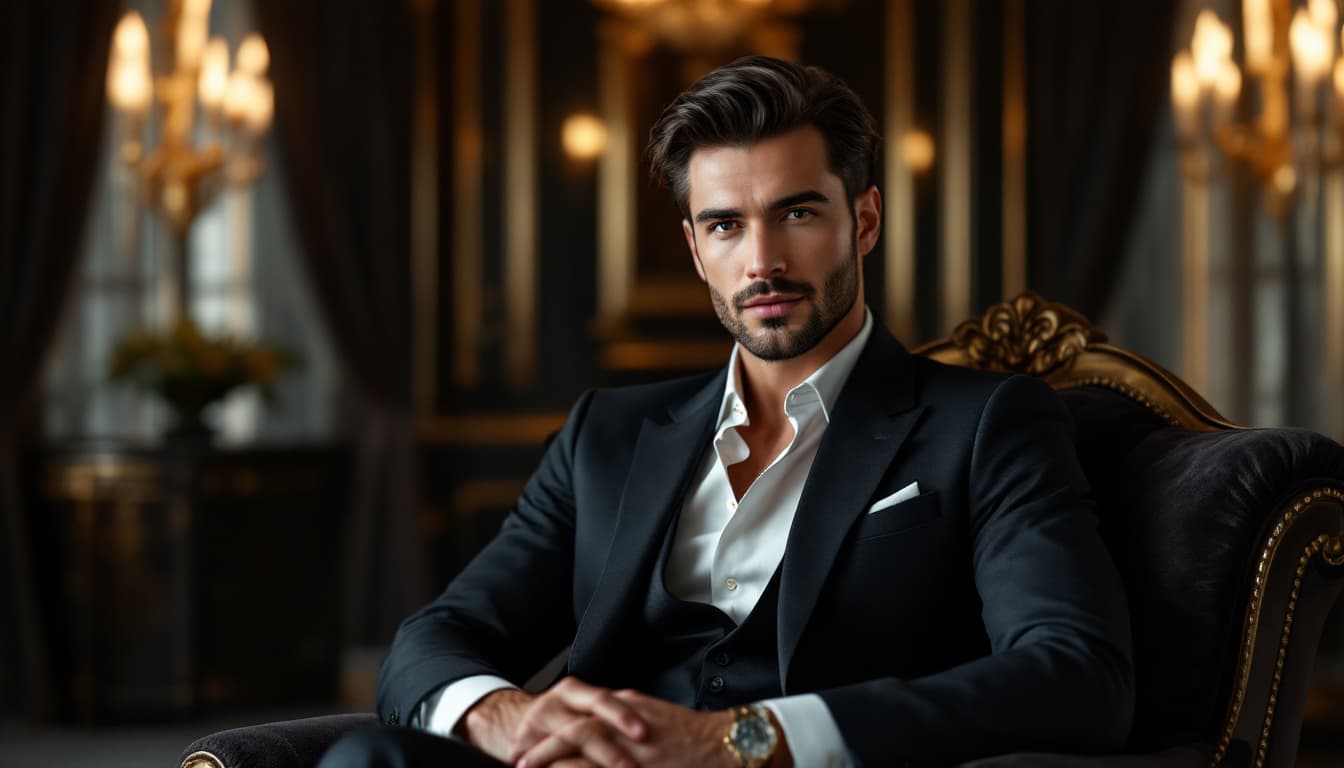 AI generated: Ultra-realistic elegant male avatar in a luxury studio setting, wearing a tailored dark suit with op...