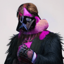 AI generated: (Renaissance) painting of peter quill in pink fur as a fashion model, vogue, oil paint on dark backg...
