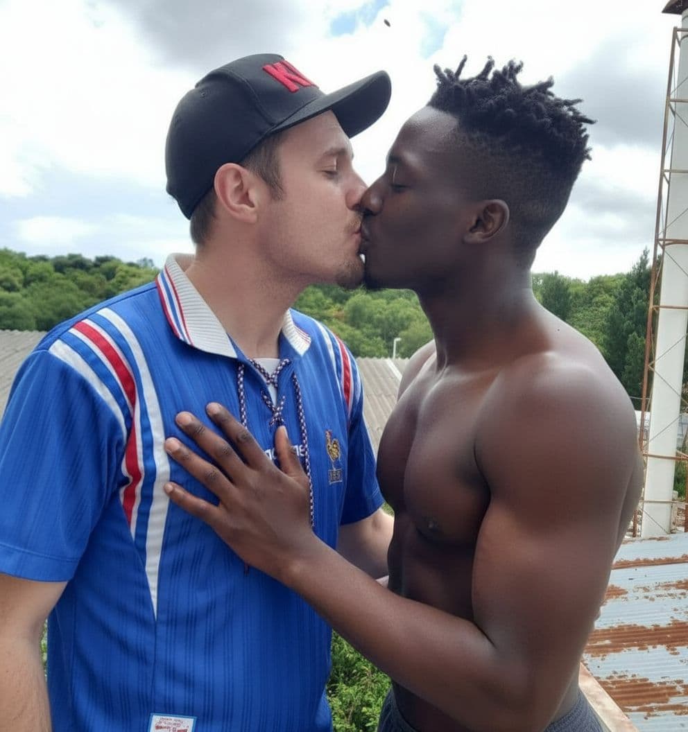 AI generated: She's kissing a black guy while his touching her breast 