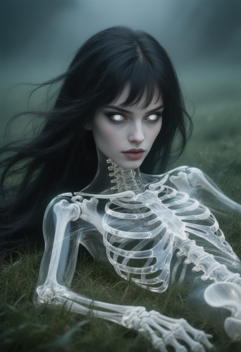 AI generated: create a portrait of a beautiful striking girl, laying on grass behind a dark foggy green scenery th...