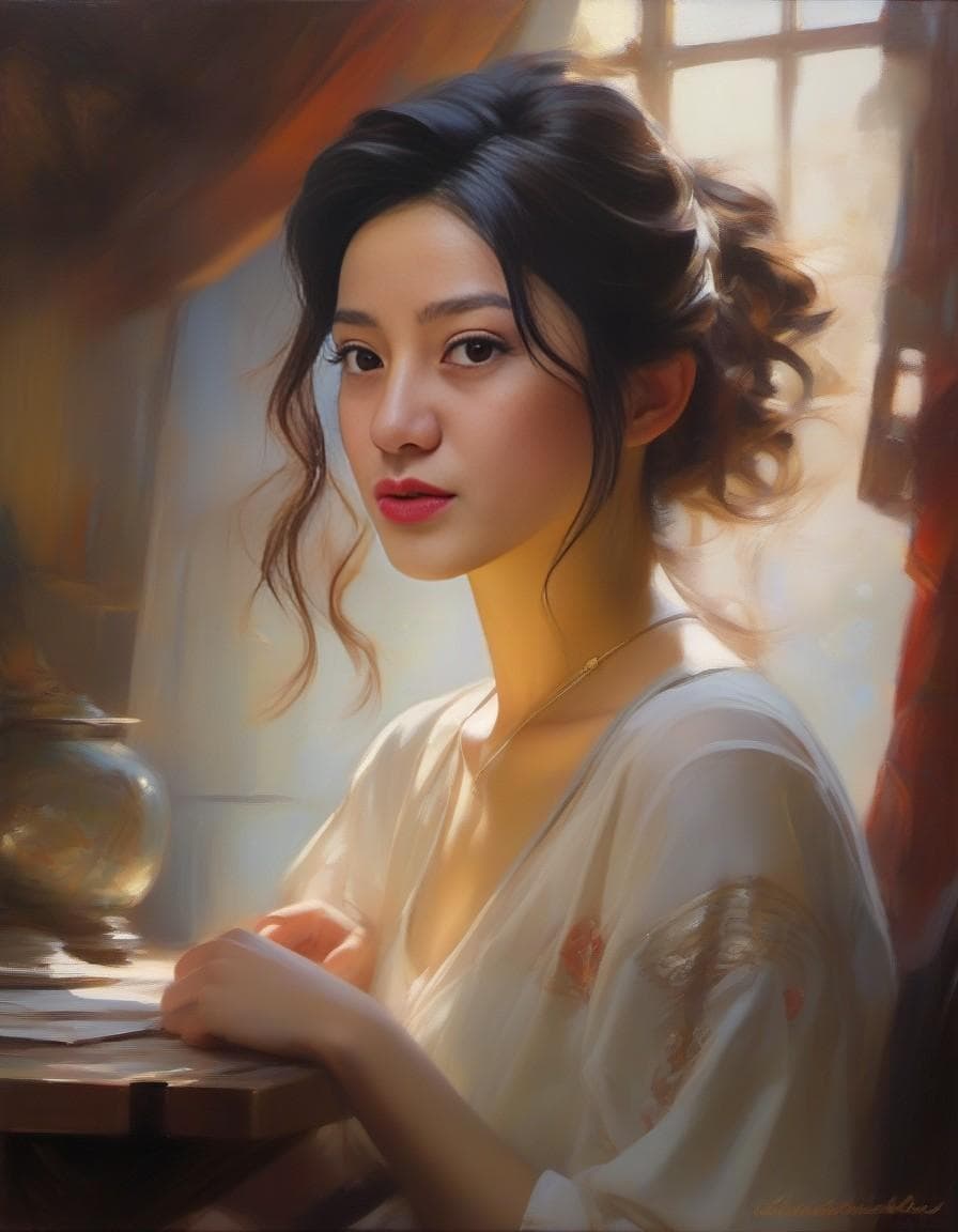 AI generated: airy, pin-up, sci-fi, steam punk, very detailed, realistic, figurative painter, fine art, Oil painti...
