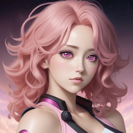 AI generated: anime style, Handsome woman with pink medium length curly hair, pink galaxy in her eyes, revealing h...