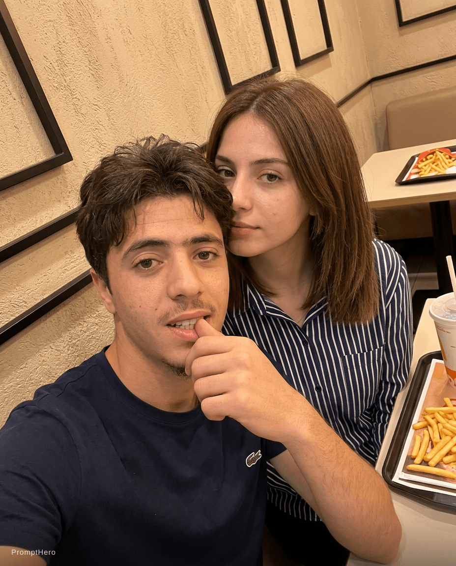 AI generated: Ultra-realistic candid selfie of a young couple sitting indoors at a cozy café, warm ambient tungste...