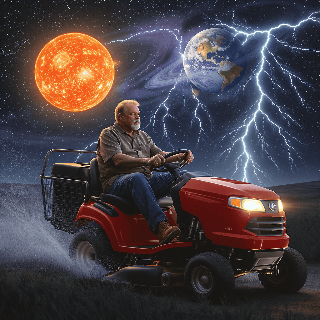 AI generated: Riding electric lawnmower being driven by  Walter Brennan with the solar system as the background an...
