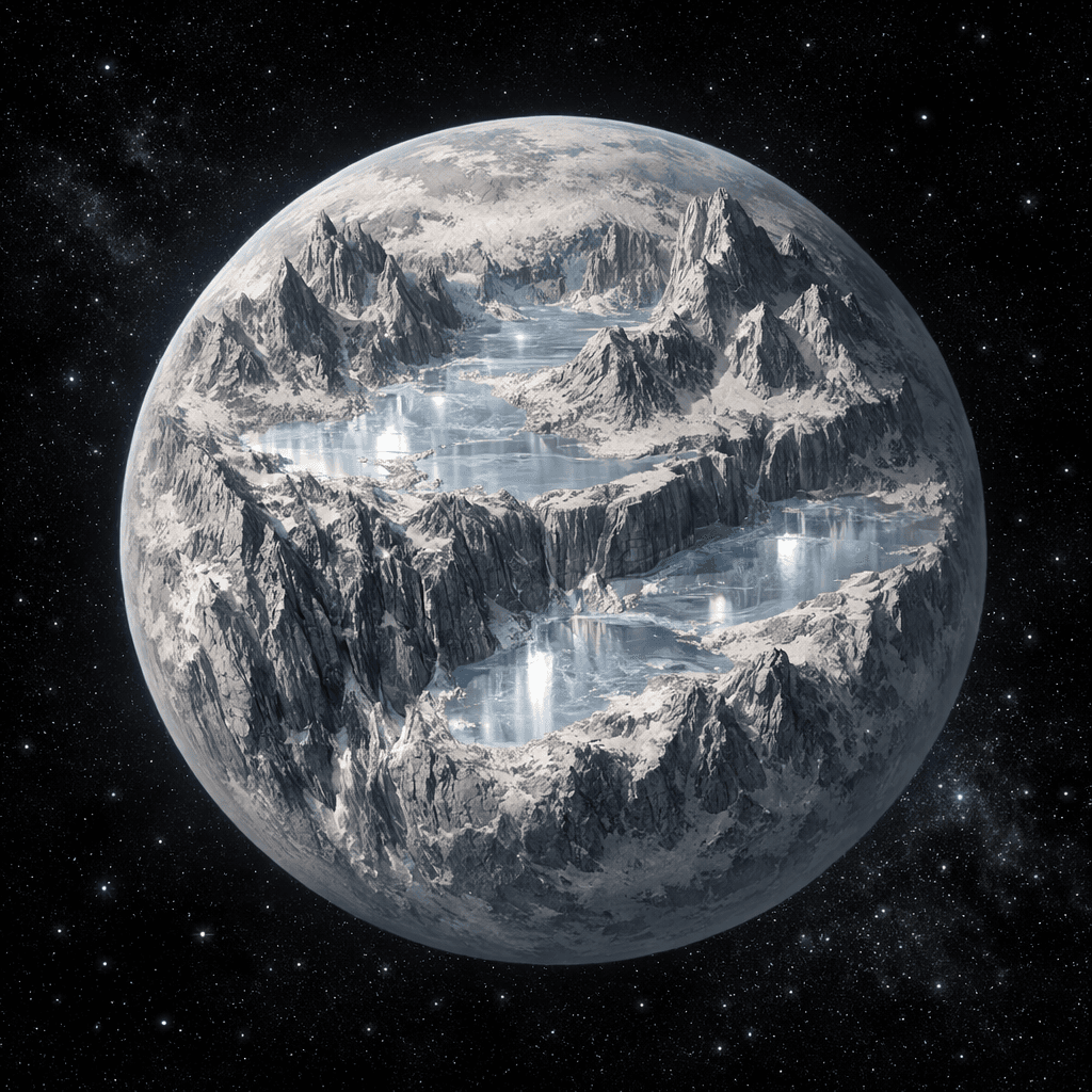 AI generated: A light grey planet in full view with valleys of flat smooth clear crystal and long deep canyons and...