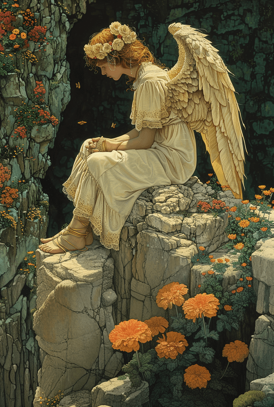 AI generated: an artist's drawing of an angel sitting on a cliff, inlay, pentax 645n, made of all of the above, al...