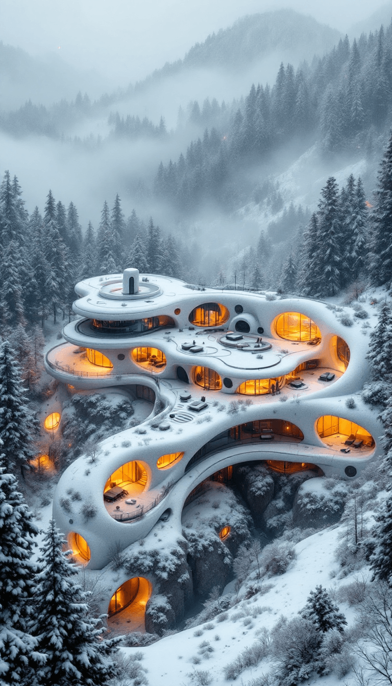 AI generated: Wide angle photo of a modern futuristic house in a valley surrounded by fog and trees, in the style ...