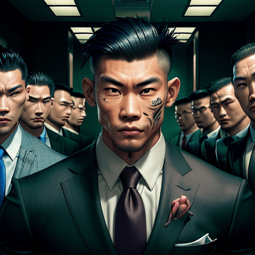 AI generated: Muscular man, Asian, with tattoos, tall, wearing a suit, with a serious expression, behind him are 2...