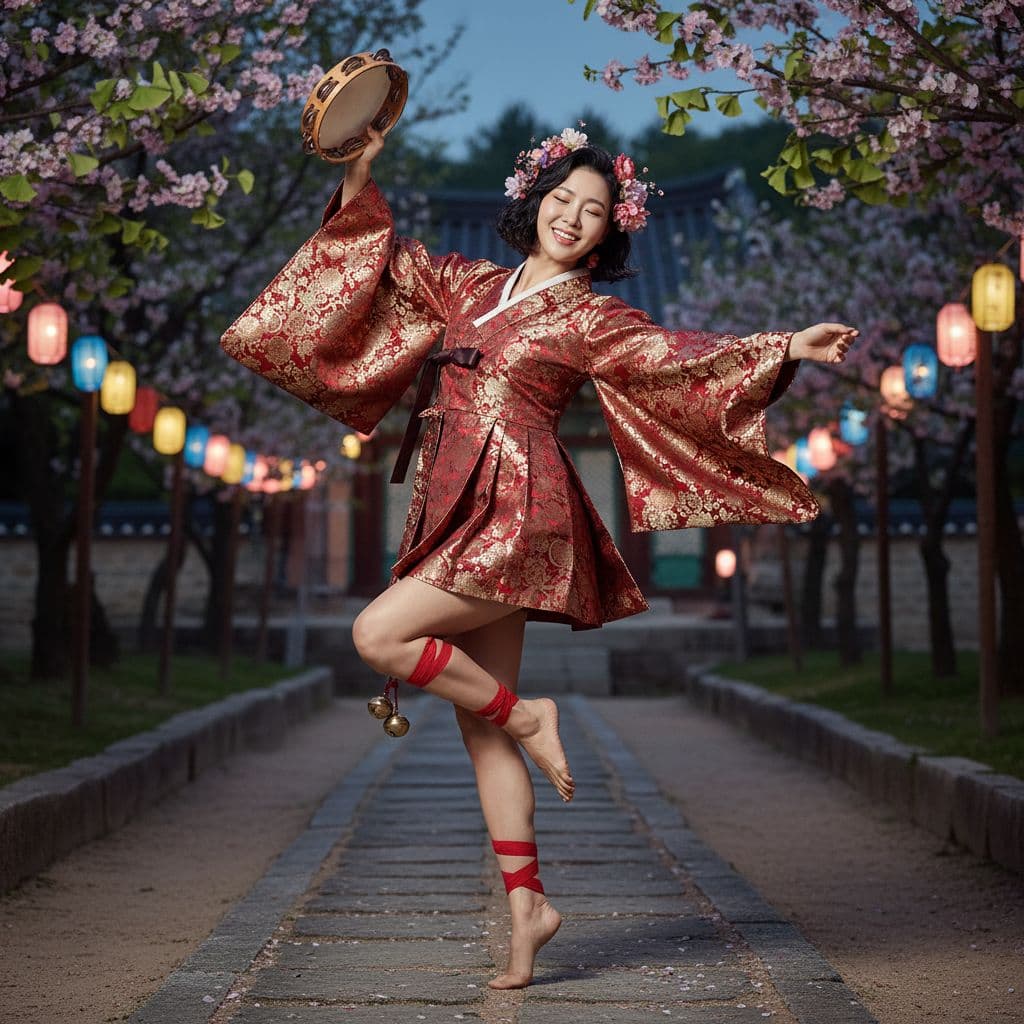 AI generated: Full-body view of a beautiful Korean woman with short black hair and flowers in her hair, wearing a ...