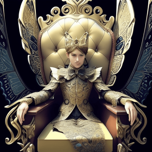 AI generated: a close up of a chair with a butterfly on it, sitting on intricate throne, exquisite and handsome wi...