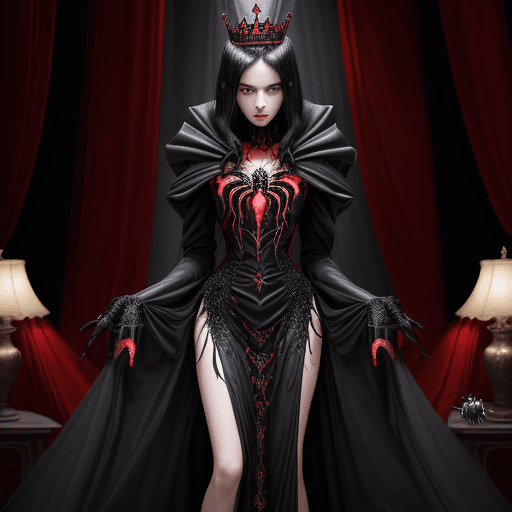 AI generated: masterpiece, best quality, 1girl,  black hair, medium hair, red eyes, queen girl spider, scary head ...