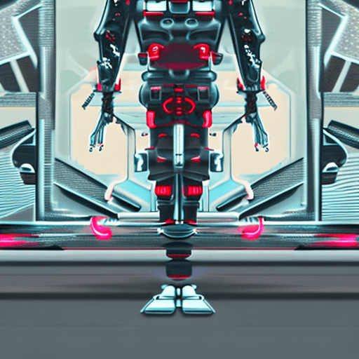AI generated: Character concept art, grey metallic muscular robotic soldier, futuristic militant mech, glowing red...