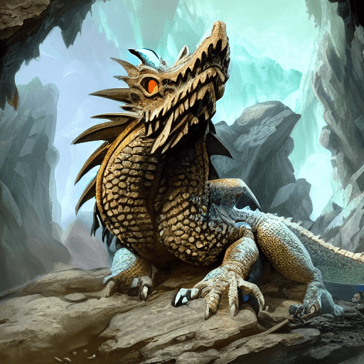 AI generated: resting dragon in a dark cave, big lizard head, hawk feather, lizard legs, lizard pose, dnd characte...