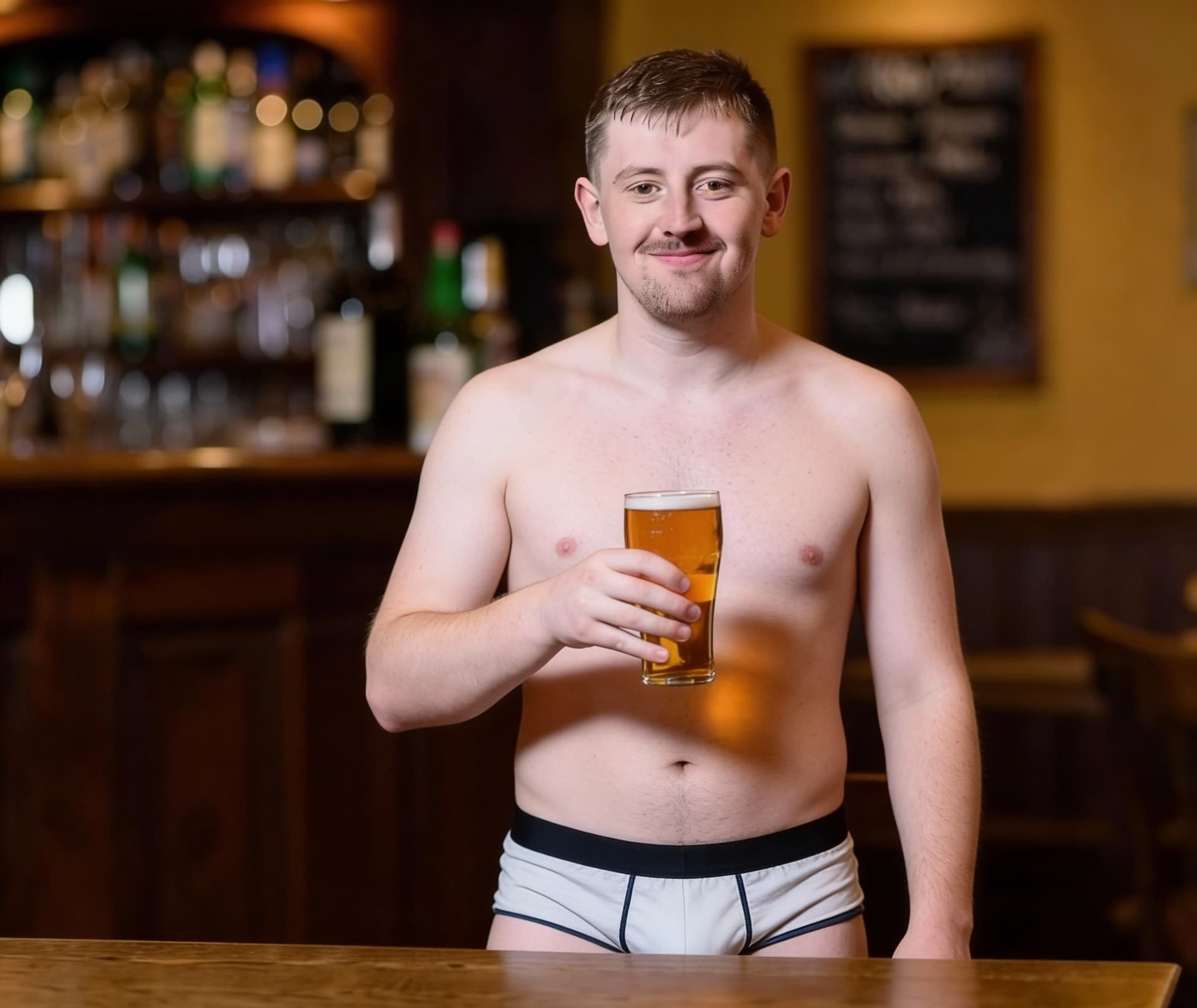 AI generated: This man standing up in just boxershorts