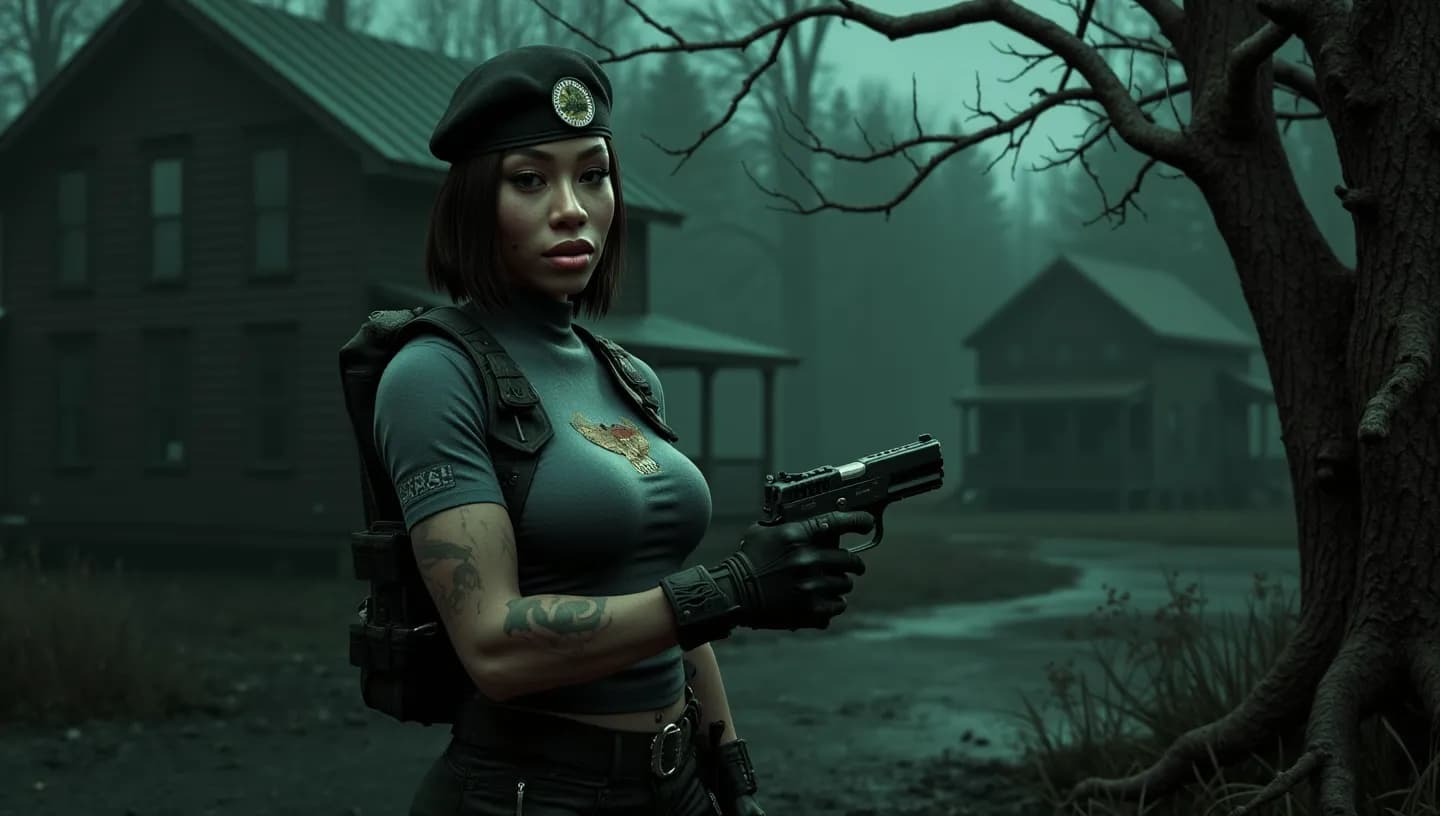 AI generated: Create a vibrant hyperrealistic 3D render RPG scene inspired by Resident Evil. Jill Valentine in tac...