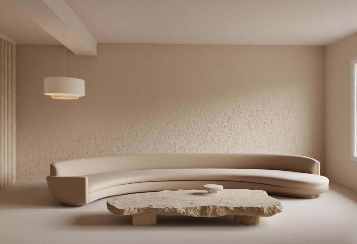 AI generated: An organic modern living room featuring a curved beige sofa, a travertine stone coffee table, textur...