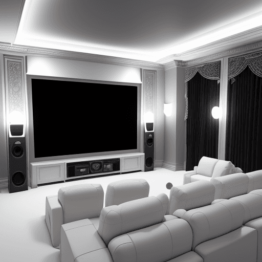 AI generated: cutout view of a high end home theater with cutting edge electronic, 2 rows of seating, one low poly...
