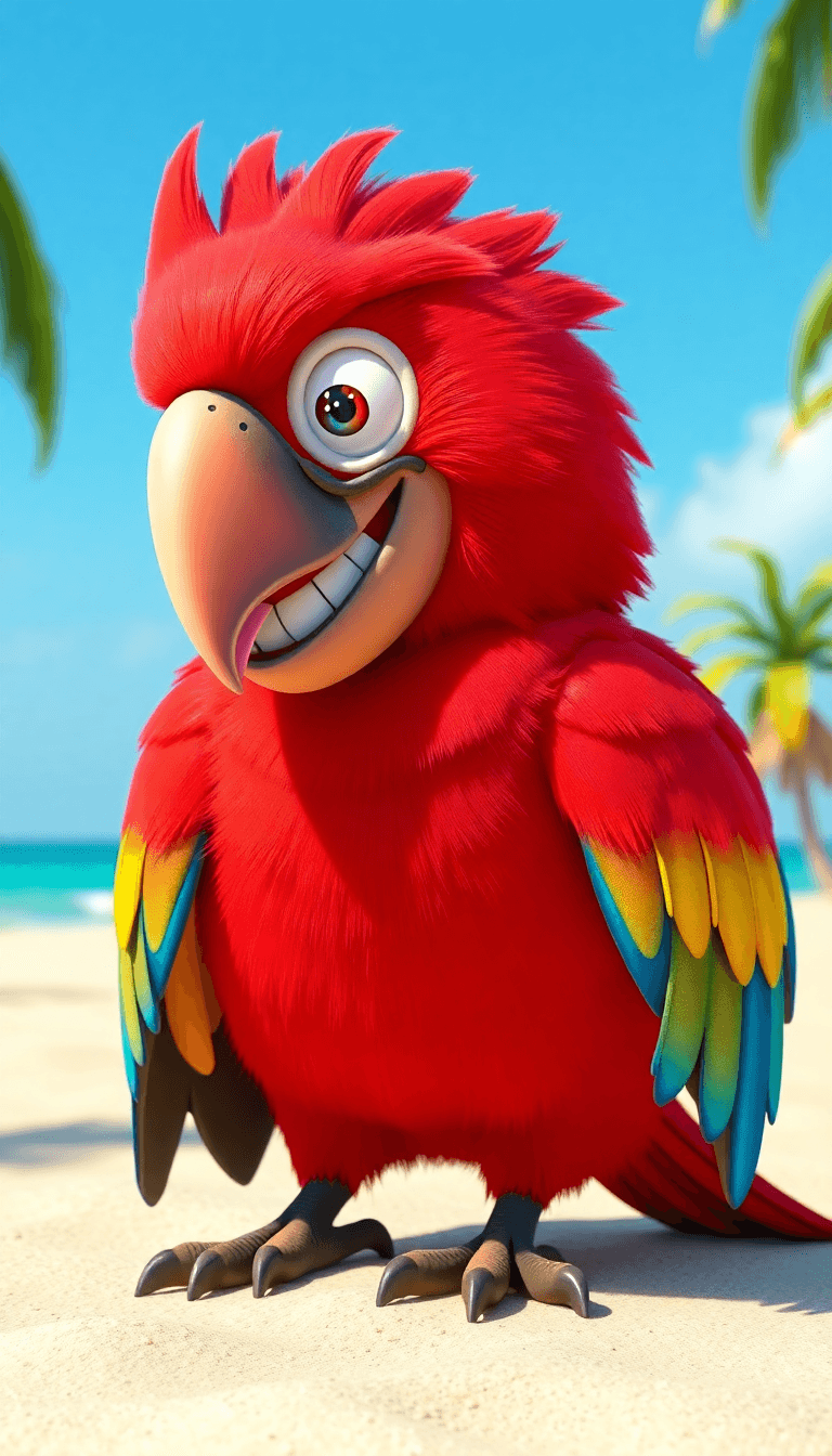 AI generated: A whimsical, full-body, close-up 3D render of a cartoon pirate parrot, stylistically blending Pixar ...