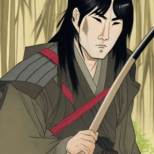 AI generated: A wandering Japanese Ronin, resting in the clearing of a bamboo thicket, resting his hand on the hil...