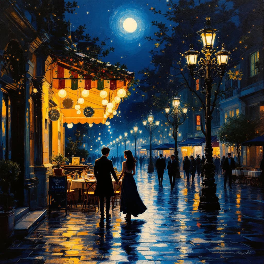 AI generated: oil painting of night street with cafe in the style of Sargent, lights, korean couple walking around...