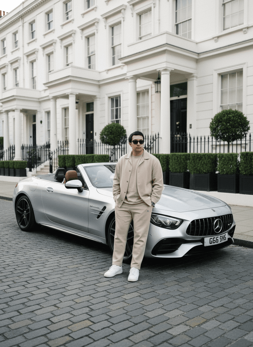 AI generated: A cinematic lifestyle photograph of a stylish man standing beside a sleek silver Mercedes-AMG conver...