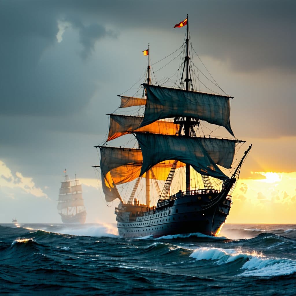 AI generated: Photo of a ultra realistic sailing ship, dramatic light, pale sunrise, cinematic lighting, battered,...