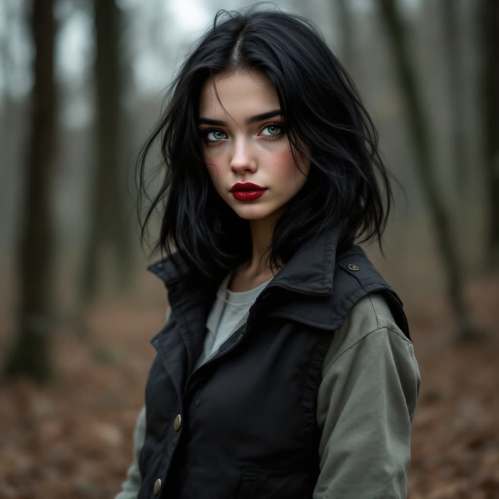 AI generated: 20 year old black haired girl, shoulder length black hair, stunning green eyes. wearing vest and sta...