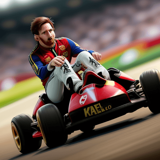 AI generated: Lionel Messi, elegant, highly detailed, ultra realistic, riding a karting like Mario Kart