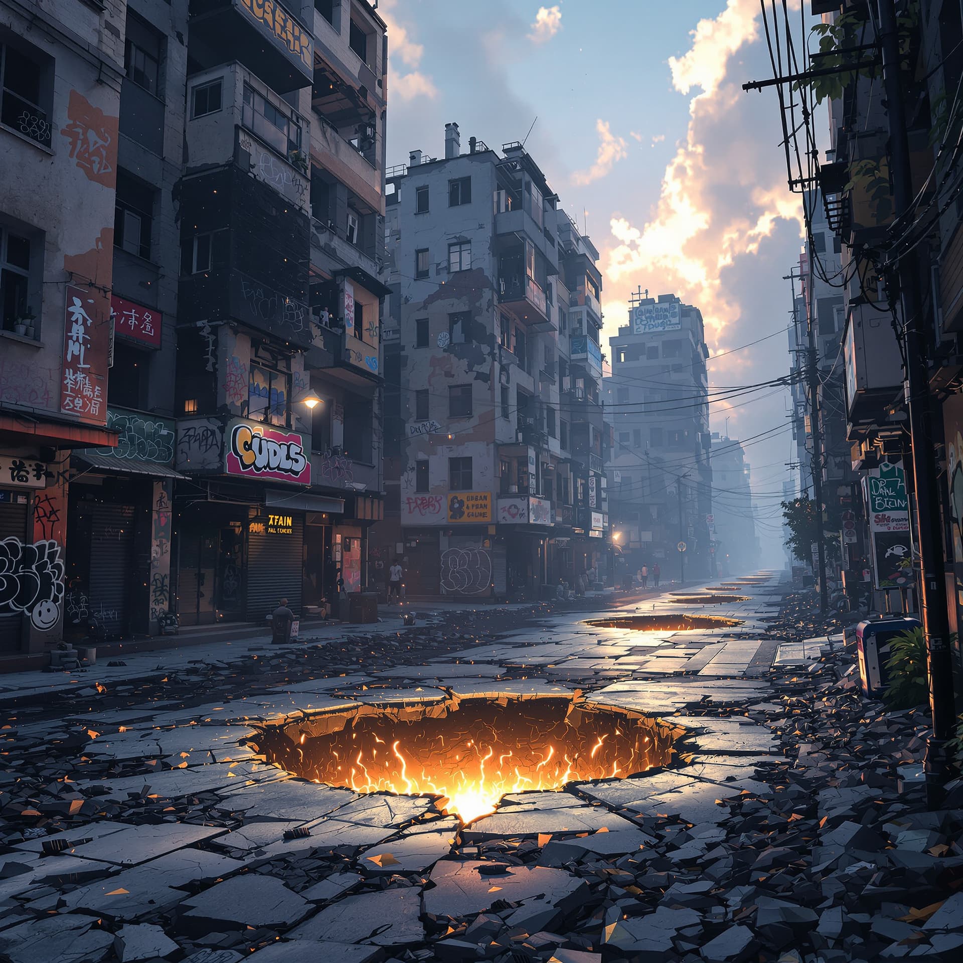 AI generated: very destroyed urban buildings with graffiti and a small crater with cracks in the street and energy...