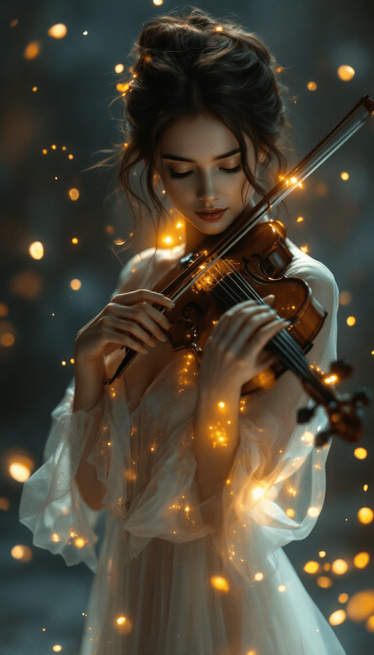 AI generated: A graceful young woman stands in a dimly lit, ethereal space, holding a finely crafted violin as gol...