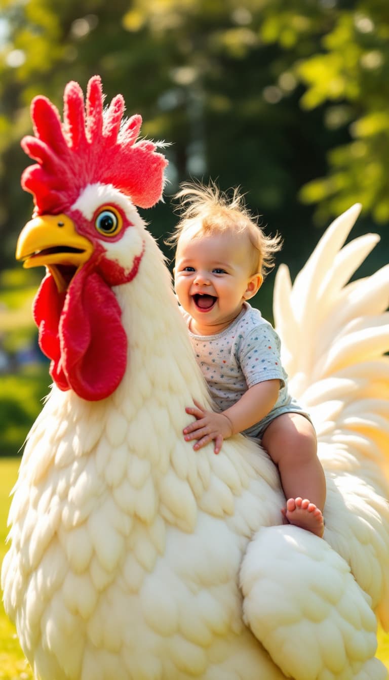 AI generated: A happy baby laughing and riding on a giant chicken in a sunny park,
vibrant colors,  perfect for Ti...