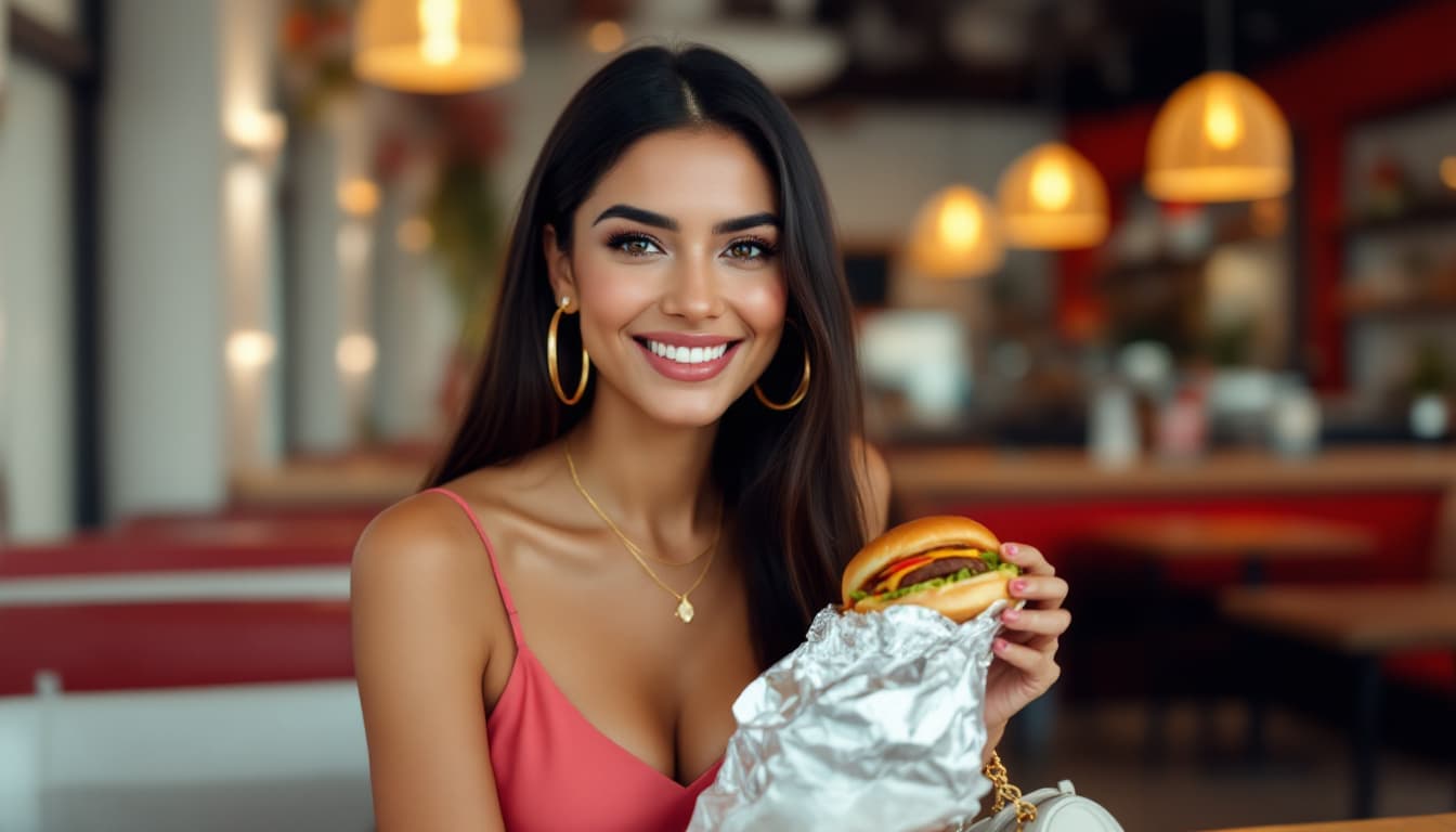 AI generated: Create an image of a Indian white skin woman enjoying a meal in a fast-food restaurant in Madrid
The...