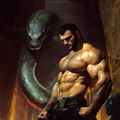 AI generated video: A giant serpent raises it head behind a muscular superhero, the superhero breathes heavily anticipat...